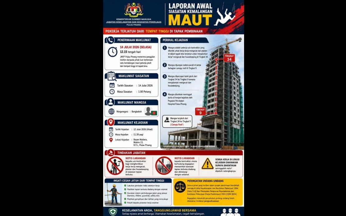 Penang DOSH Investigates Death of Bangladeshi Worker in High-Rise Fall